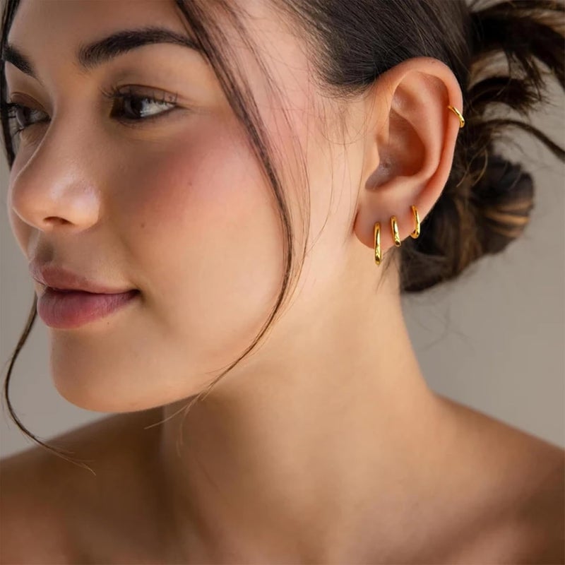 Poxtex Small Gold Huggie Hoop Earrings Set for Women Men Hypoallergenic 14K Plated Stack Cartilage Earrings, Multiple Piercing Lightweight Mini Thin Cute Dainty Trendy Jewelry Set Christmas Gifts for Women - Image 3